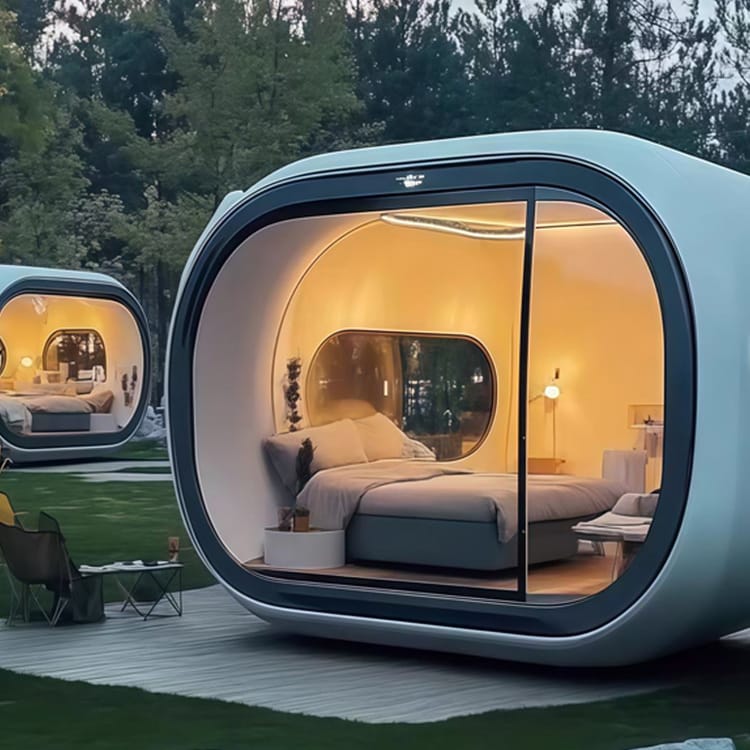 A small, modern privacy capsule pod for focused working or making phone calls, featuring a built-in desk and LED lighting.