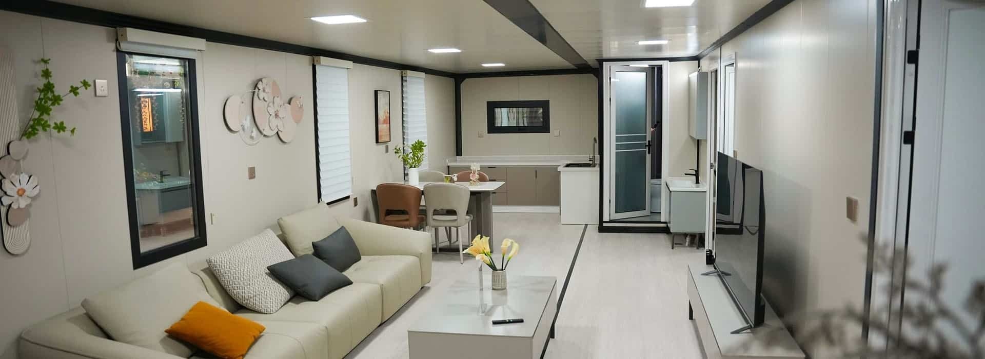 Finished interior of a container home with modern furniture and space-saving layout