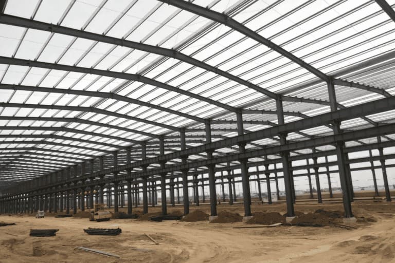 Large steel structure warehouse with prefab metal frame, high storage capacity, and low-maintenance design for logistics and commercial use.
