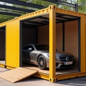 Durable container garage with overhead door, ideal for secure vehicle storage and workshop use