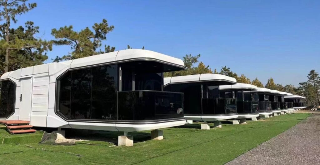 Modern space capsule prefab house for innovative housing solutions, blending container home durability with stylish design.