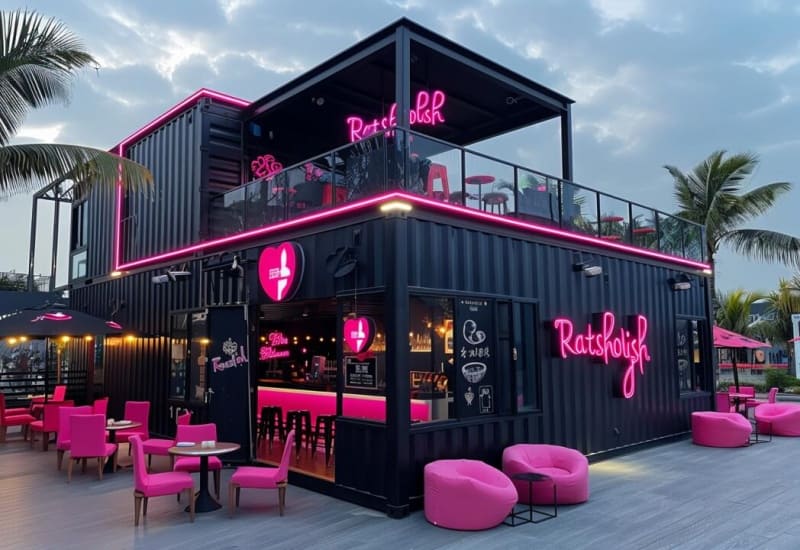 Trendy container bar made from recycled shipping containers, featuring vibrant lighting and an open-air design.