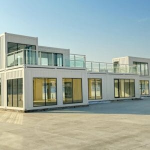 Trendy container bar made from recycled shipping containers, featuring vibrant lighting and an open-air design.