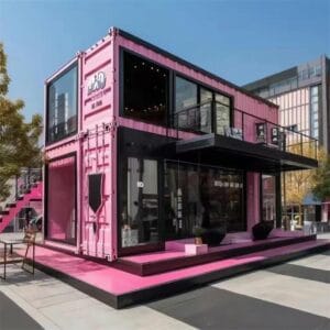 Modern container restaurant built from repurposed shipping containers, featuring outdoor seating and industrial design.