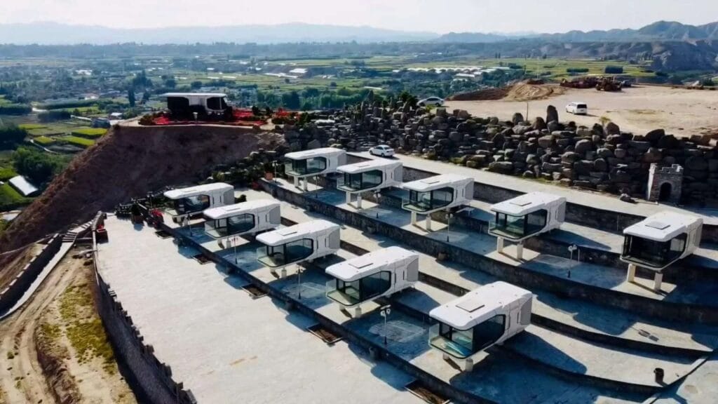 Innovative prefab modular house pod resembling a space capsule, ideal for sustainable housing projects.