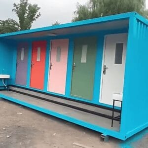 Portable shipping container changing room with durable steel structure and compact modular design for outdoor events and construction sites