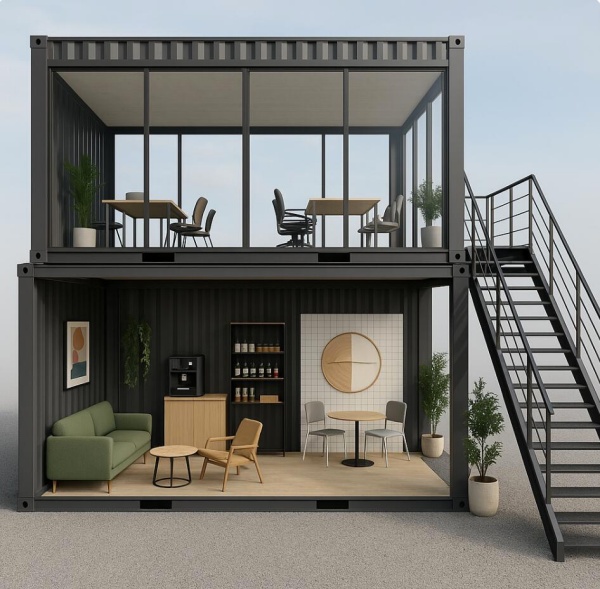 Modern container office with glass windows and modular steel design, offering a portable workspace solution.
