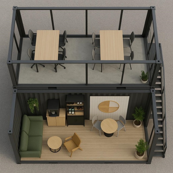 Modern container office with glass windows and modular steel design, offering a portable workspace solution.