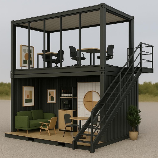 Modern container office with glass windows and modular steel design, offering a portable workspace solution.