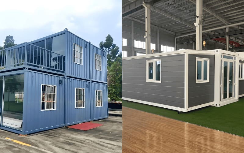 Modern foldable container house with expandable design, showing a compact and portable prefab home structure.