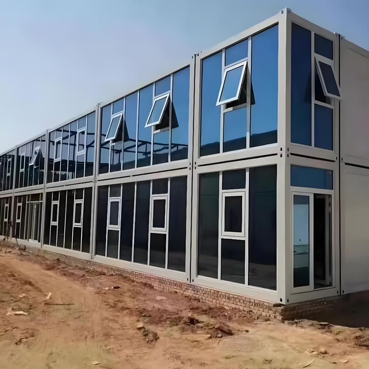 Modern labour camp accommodation with modular office buildings in a remote infrastructure project